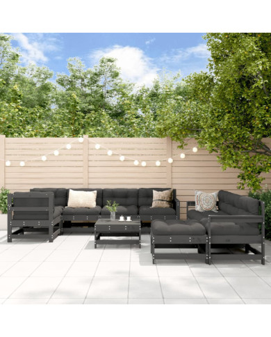 Salon de jardin 10 pcs avec coussins gris bois massif | Mobilier & Déco