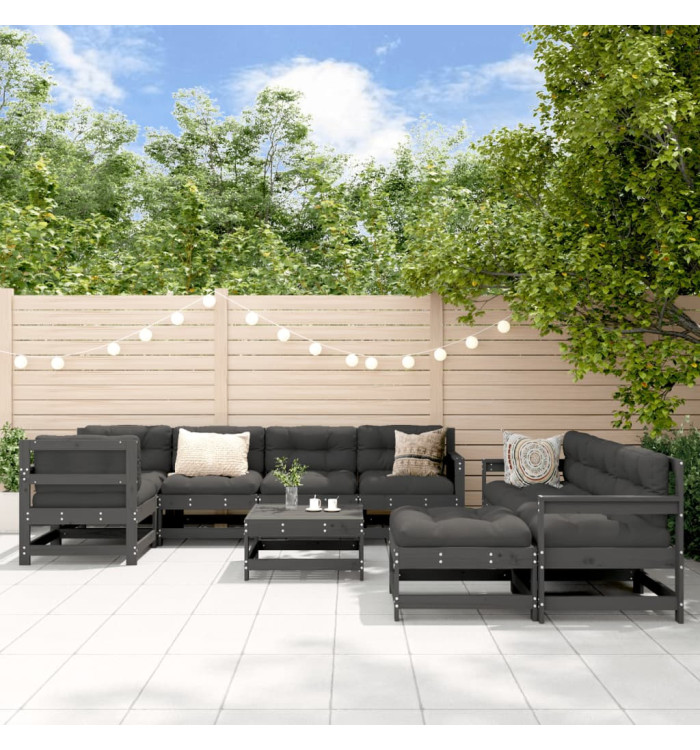 Salon de jardin 10 pcs avec coussins gris bois massif | Mobilier & Déco