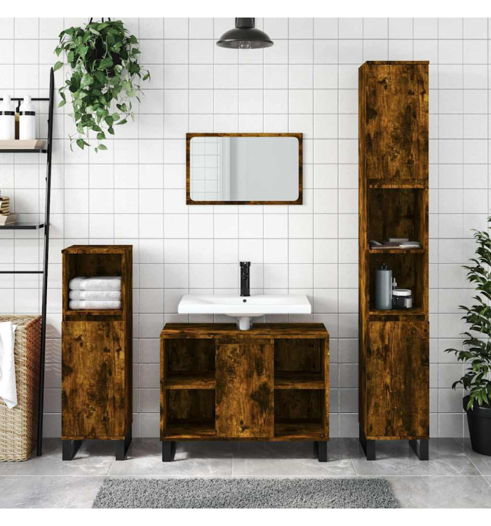 Armoire salle de bain chêne fumé 80x33x60cm bois d'ingénierie | Mobilier & Déco
