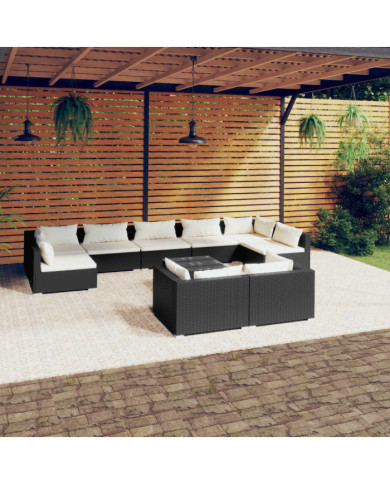 Salon de jardin 10 pcs avec coussins Noir Résine tressée | Mobilier & Déco