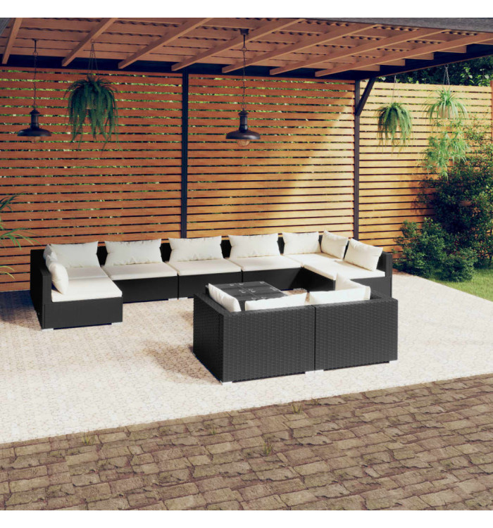 Salon de jardin 10 pcs avec coussins Noir Résine tressée | Mobilier & Déco