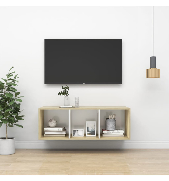Meuble TV mural Blanc chêne sonoma 37x37x107 cm Bois ingénierie | Mobilier & Déco