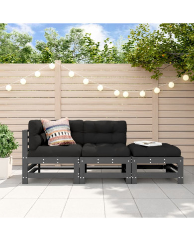 Salon de jardin 3 pcs avec coussins gris bois massif | Mobilier & Déco