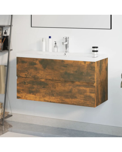 Meuble lavabo avec bassin intégré Chêne fumé Bois d'ingénierie | Mobilier & Déco