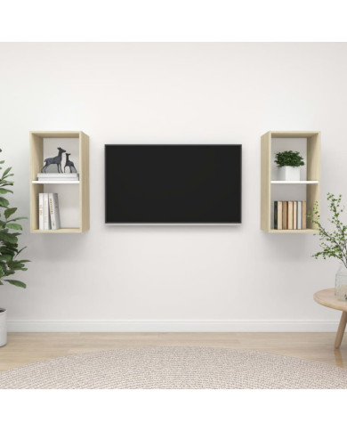 Meubles TV muraux 2 pcs Blanc et chêne sonoma Bois d'ingénierie | Mobilier & Déco
