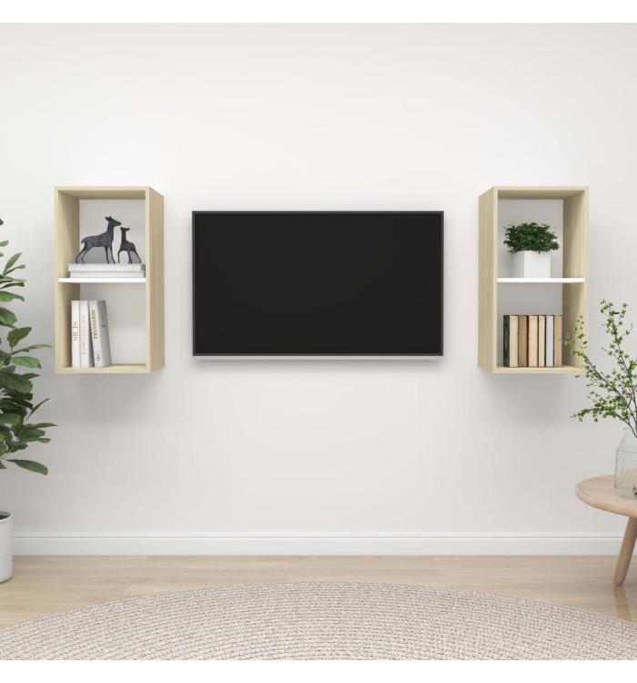 Meubles TV muraux 2 pcs Blanc et chêne sonoma Bois d'ingénierie | Mobilier & Déco