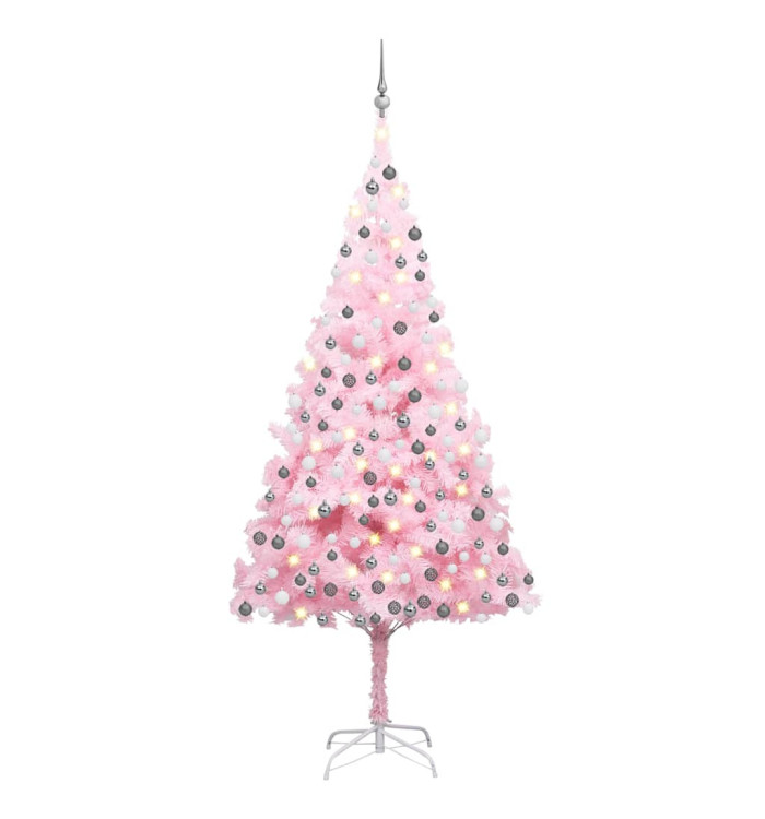 Arbre de Noël artificiel pré-éclairé et boules rose 240 cm PVC | Mobilier & Déco