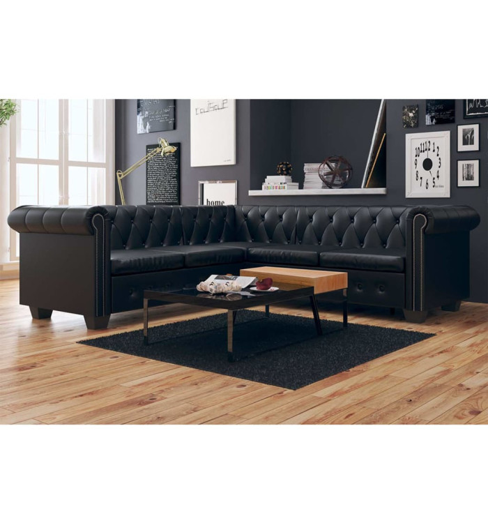 Canapé d'angle Chesterfield 5 places noir similicuir | Mobilier & Déco