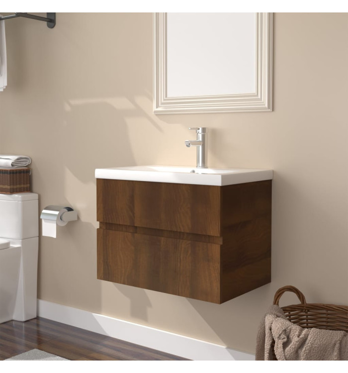 Meuble lavabo avec bassin intégré Chêne brun Bois d'ingénierie | Mobilier & Déco