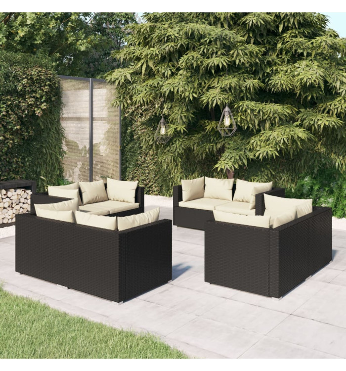 Salon de jardin 8 pcs avec coussins Résine tressée Noir | Mobilier & Déco