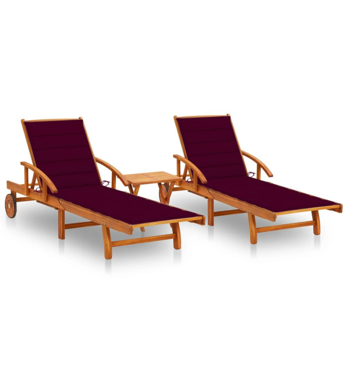 Chaises longues lot de 2 avec table et coussins Acacia solide | Mobilier & Déco