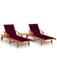 Chaises longues lot de 2 avec table et coussins Acacia solide | Mobilier & Déco