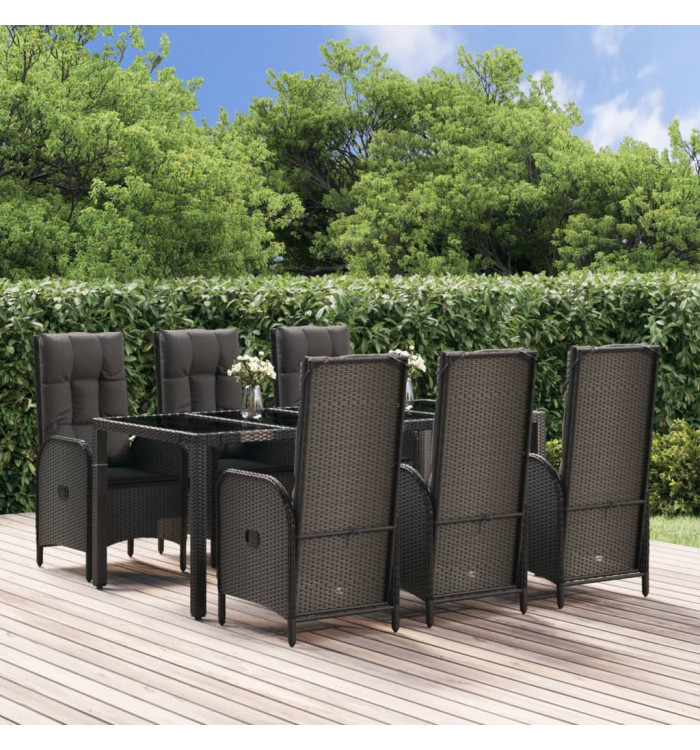Ensemble à manger jardin et coussins 7 pcs Noir et gris Rotin | Mobilier & Déco