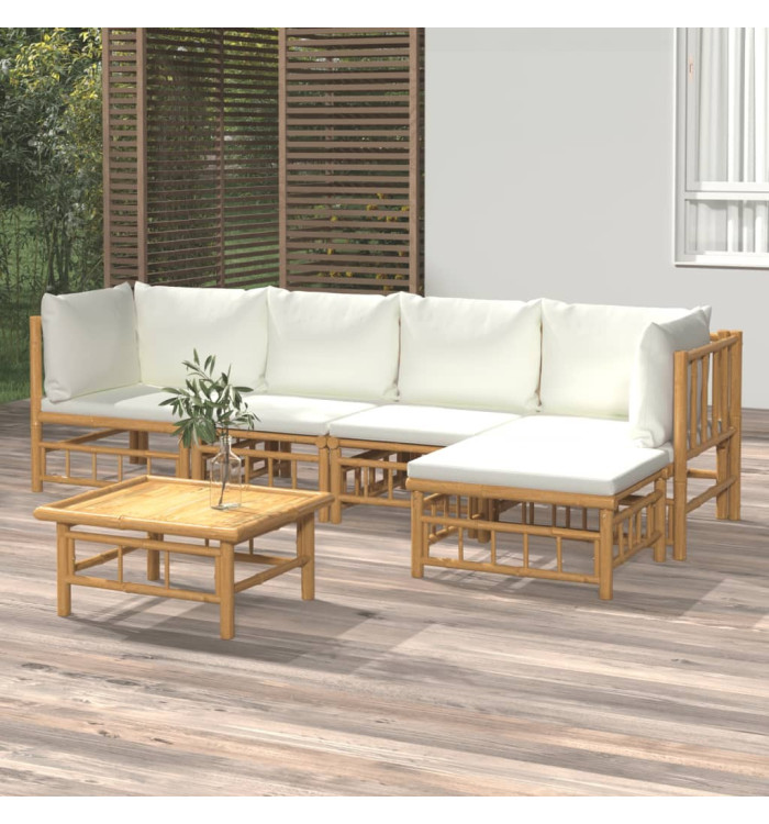 Salon de jardin 6 pcs avec coussins blanc crème bambou | Mobilier & Déco