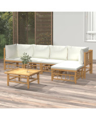 Salon de jardin 6 pcs avec coussins blanc crème bambou | Mobilier & Déco
