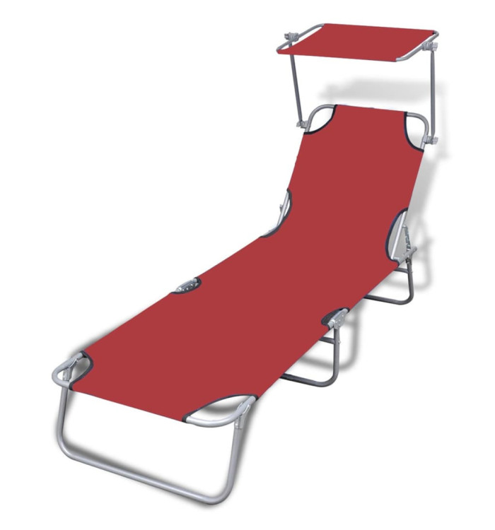 Chaise longue pliable avec auvent acier et tissu rouge | Mobilier & Déco