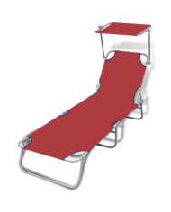 Chaise longue pliable avec auvent acier et tissu rouge | Mobilier & Déco