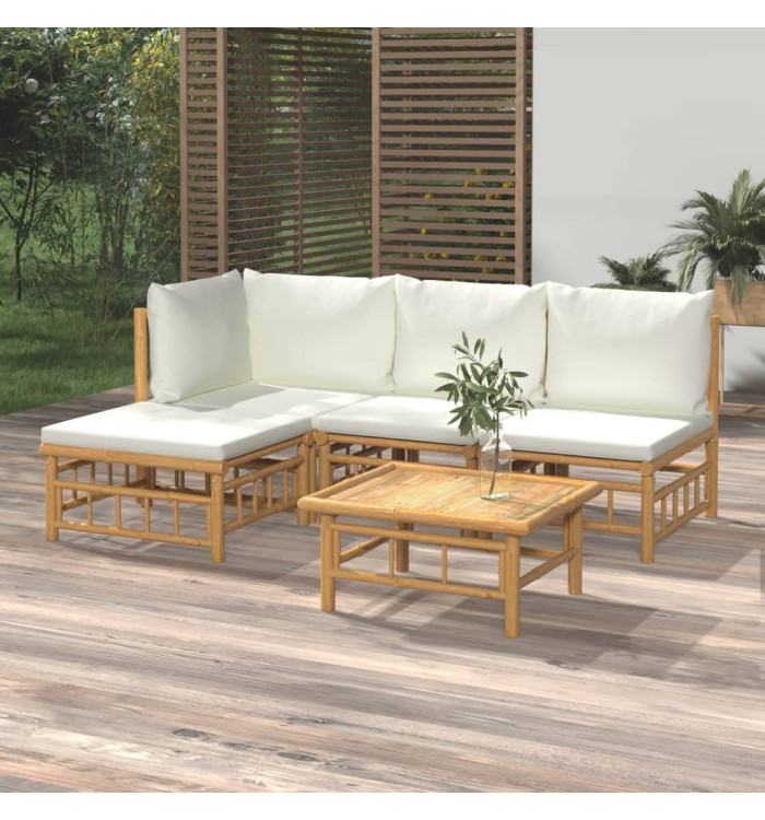 Salon de jardin 5 pcs avec coussins blanc crème bambou | Mobilier & Déco