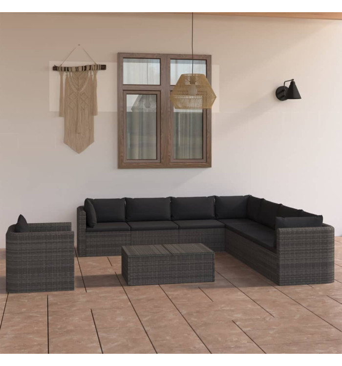 Salon de jardin 9 pcs avec coussins Résine tressée Gris | Mobilier & Déco