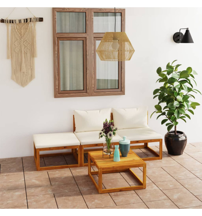 Salon de jardin 4 pcs avec coussin Crème Bois d'acacia solide | Mobilier & Déco