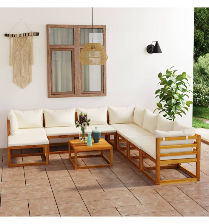 Salon de jardin 9 pcs avec coussin Crème Bois d'acacia solide | Mobilier & Déco
