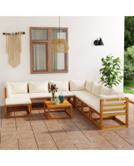 Salon de jardin 9 pcs avec coussin Crème Bois d'acacia solide | Mobilier & Déco