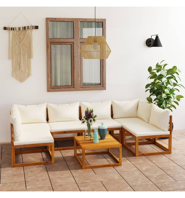 Salon de jardin 7 pcs avec coussin Crème Bois d'acacia solide | Mobilier & Déco
