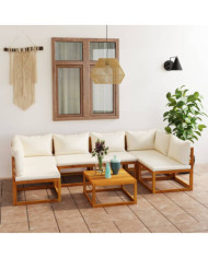 Salon de jardin 7 pcs avec coussin Crème Bois d'acacia solide | Mobilier & Déco