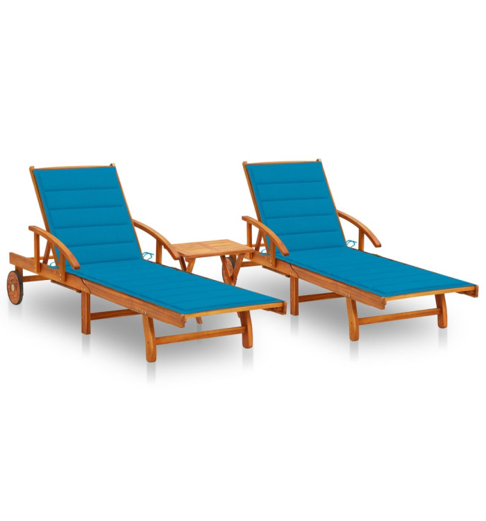 Chaises longues lot de 2 avec table et coussins Acacia solide | Mobilier & Déco