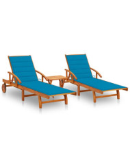 Chaises longues lot de 2 avec table et coussins Acacia solide | Mobilier & Déco
