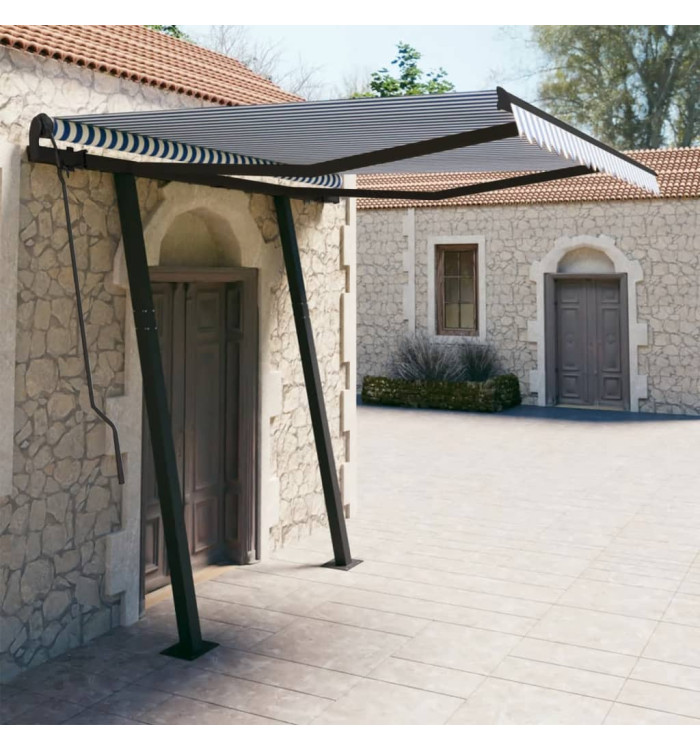 Auvent manuel rétractable avec poteaux 3x2,5 m Bleu et blanc | Mobilier & Déco