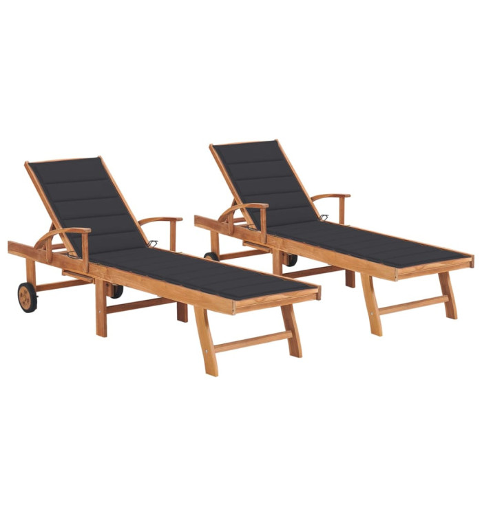 Chaises longues lot de 2 avec coussin anthracite Teck solide | Mobilier & Déco