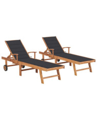 Chaises longues lot de 2 avec coussin anthracite Teck solide | Mobilier & Déco