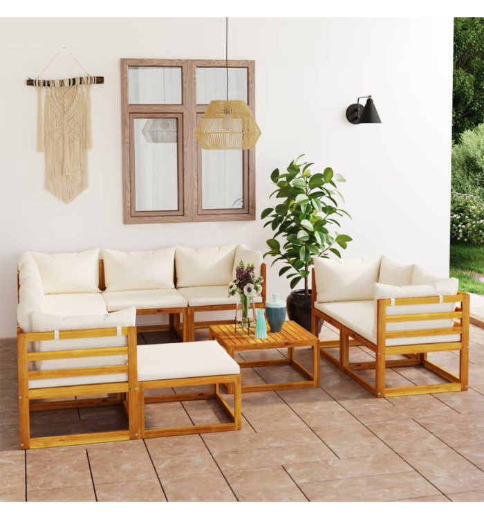 Salon de jardin 10 pcs avec coussin Crème Bois d'acacia solide | Mobilier & Déco