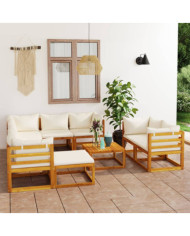Salon de jardin 10 pcs avec coussin Crème Bois d'acacia solide | Mobilier & Déco