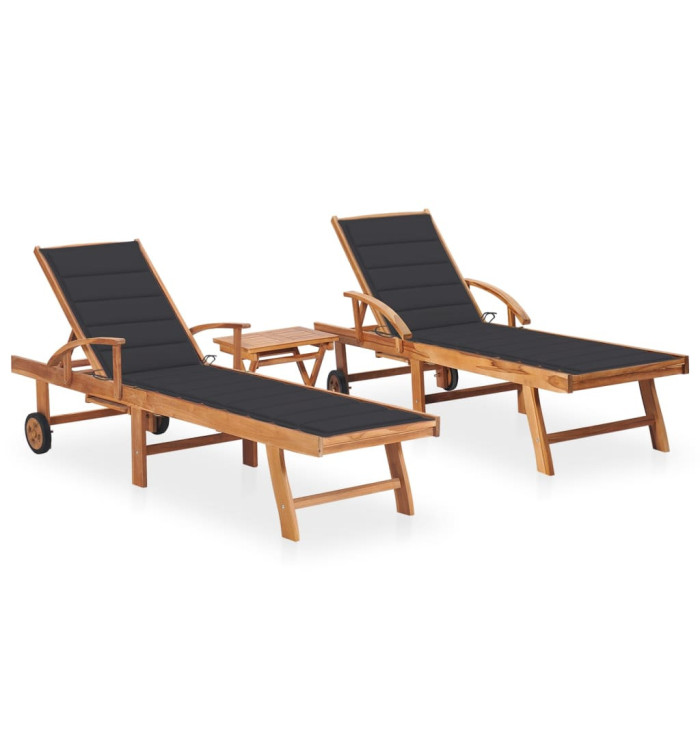 Chaises longues lot de 2 avec table et coussin Bois teck solide | Mobilier & Déco