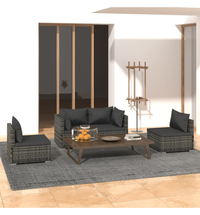 Salon de jardin 4 pcs avec coussins Résine tressée Gris | Mobilier & Déco