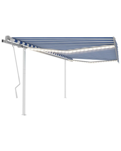 Auvent manuel rétractable avec LED 4x3,5 m Bleu et blanc | Mobilier & Déco