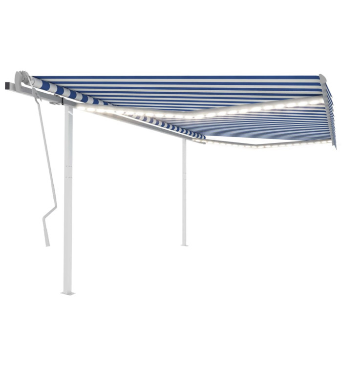 Auvent manuel rétractable avec LED 4x3,5 m Bleu et blanc | Mobilier & Déco