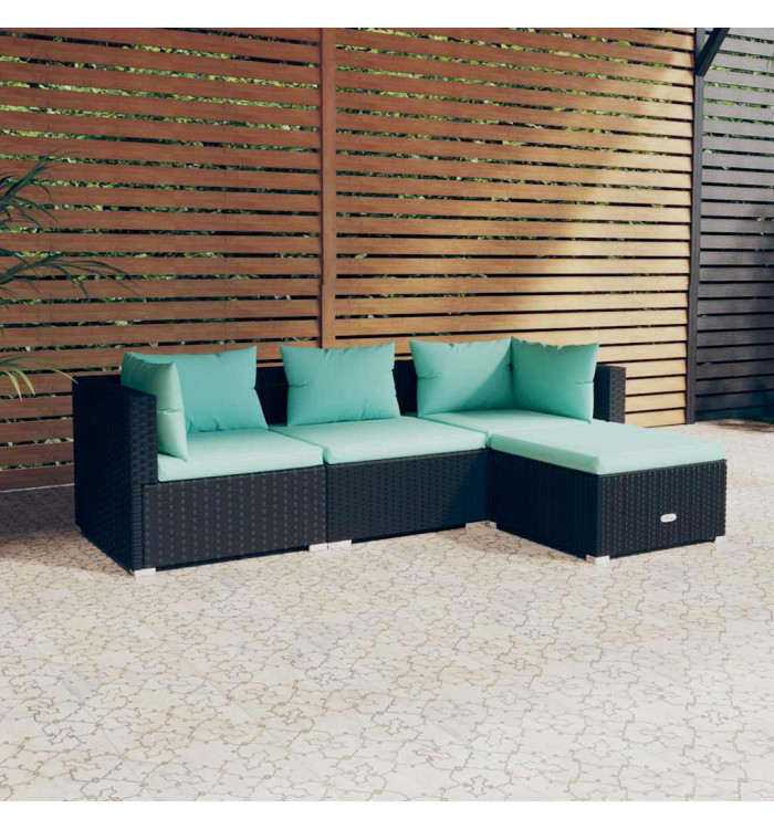Salon de jardin 4 pcs avec coussins Résine tressée Noir | Mobilier & Déco