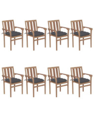 Chaises de jardin empilables avec coussins lot de 8 Teck solide | Mobilier & Déco