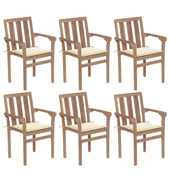 Chaises de jardin empilables avec coussins lot de 6 Teck solide | Mobilier & Déco