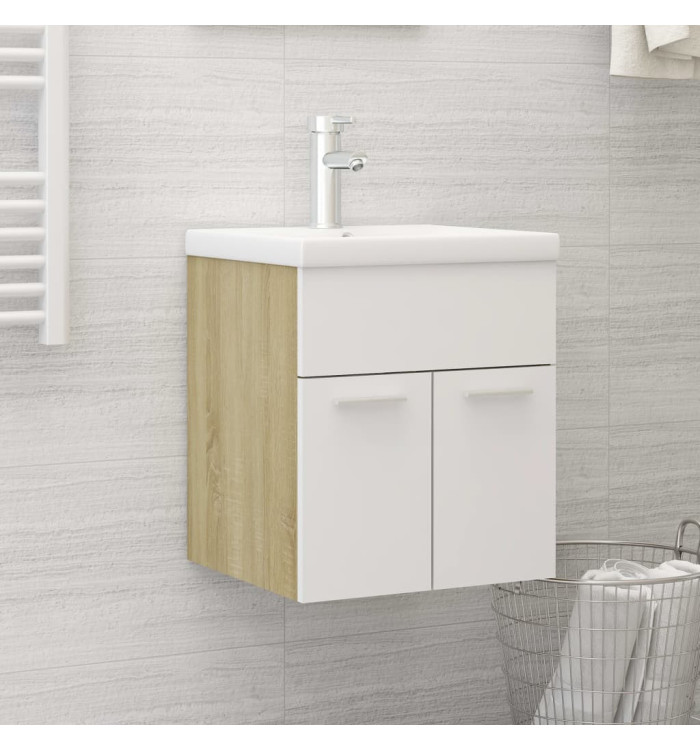 Armoire d'évier avec lavabo intégré blanc et chêne sonoma | Mobilier & Déco