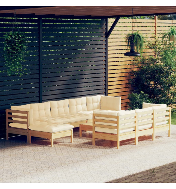 Salon de jardin 11 pcs avec coussins crème Bois de pin solide | Mobilier & Déco