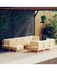 Salon de jardin 11 pcs avec coussins crème Bois de pin solide | Mobilier & Déco