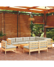 Salon de jardin 10 pcs avec coussins crème bois de pin massif | Mobilier & Déco