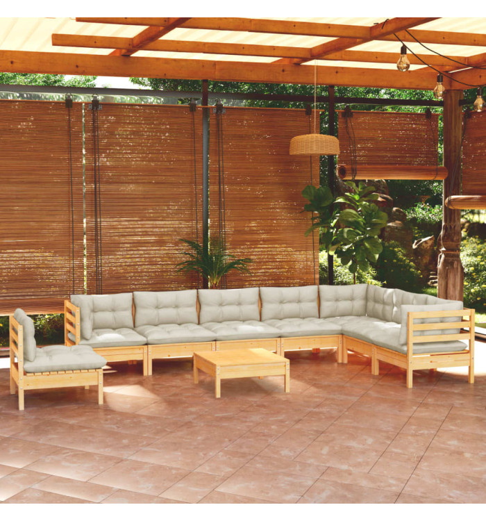 Salon de jardin 9 pcs avec coussins crème bois de pin massif | Mobilier & Déco