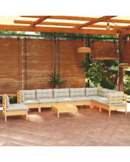 Salon de jardin 9 pcs avec coussins crème bois de pin massif | Mobilier & Déco