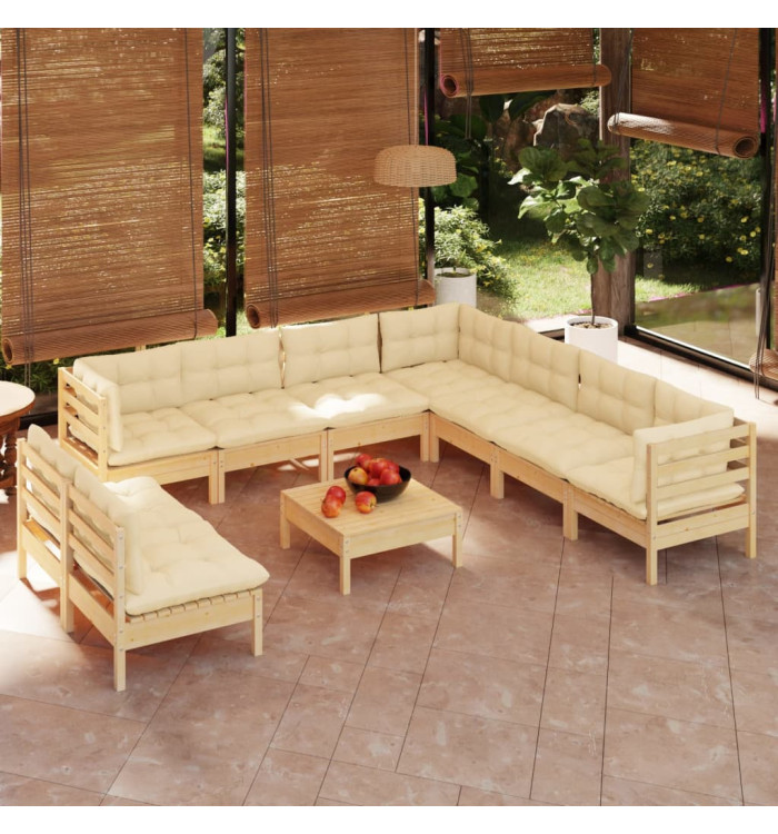 Salon de jardin 10 pcs avec coussins crème bois de pin massif | Mobilier & Déco