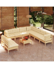 Salon de jardin 10 pcs avec coussins crème bois de pin massif | Mobilier & Déco